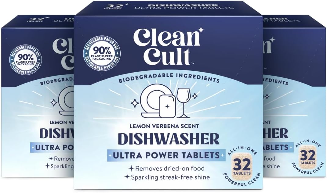 Cleancult Ultra Power Dishwasher Detergent Pods for Sparkling Streak-Free Shine, All-In-One, No Plastic Waste, 32 Count