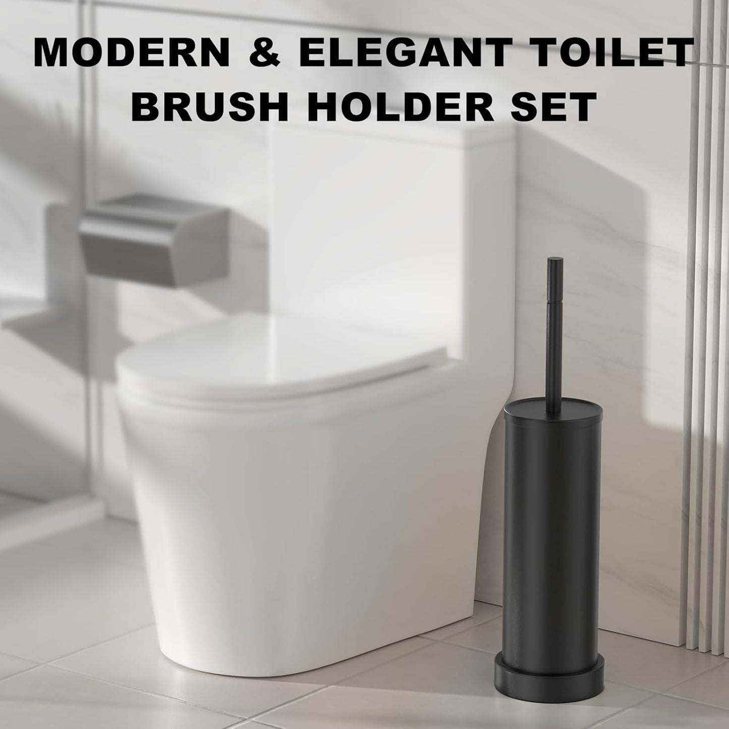 Black Toilet Brush and Holder Set,Stainless Steel Heavy Duty Toilet Bowl Brush,Extra Long Handled Modern Toilet Cleaner Brush with Replaceable Head, Removable Inner Bowl