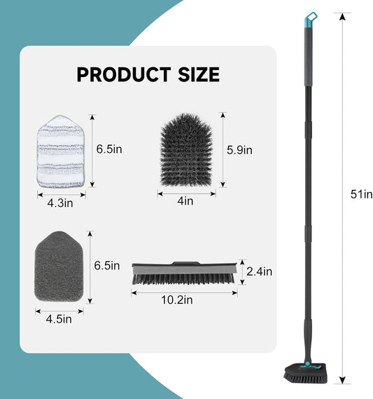 nacena Shower Scrubber with Long Handle, 3 in 1 Tile Tub Scrubber Brush with 3 Detachable Cleaning Heads Adjustable Handle Shower Cleaner Brush for Bathroom, Kitchen, Toilet, Wall, Sink, Blue White