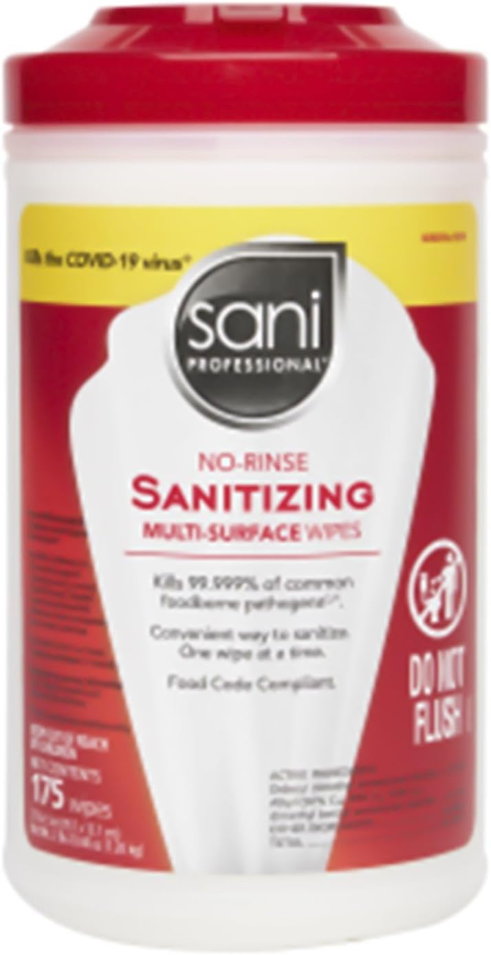 Sani Professional - No-Rinse Sanitizing Multi-Surface Wipes - Food Code Compliant - Perfect for Cleaning - P66784 (2 Pack, 175 Wipes Each)