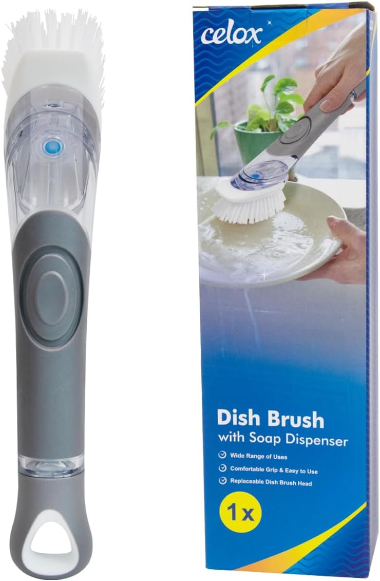 CELOX Soap Dispensing Dish Scrub Brush, Dish Wand for Kitchen, Gray