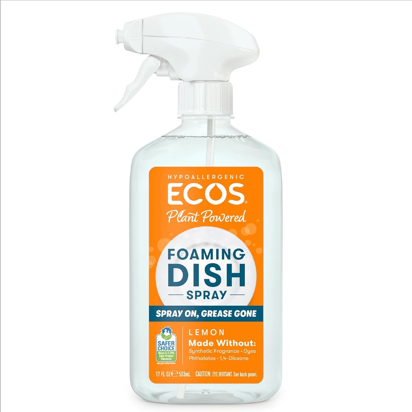 ECOS Foaming Dish Soap, Powerful Spray-On Formula, Saves Water, Wipe & Rinse Dish Cleaner - Hypoallergenic - Free & Clear, 17 Fl Oz (Pack of 4)