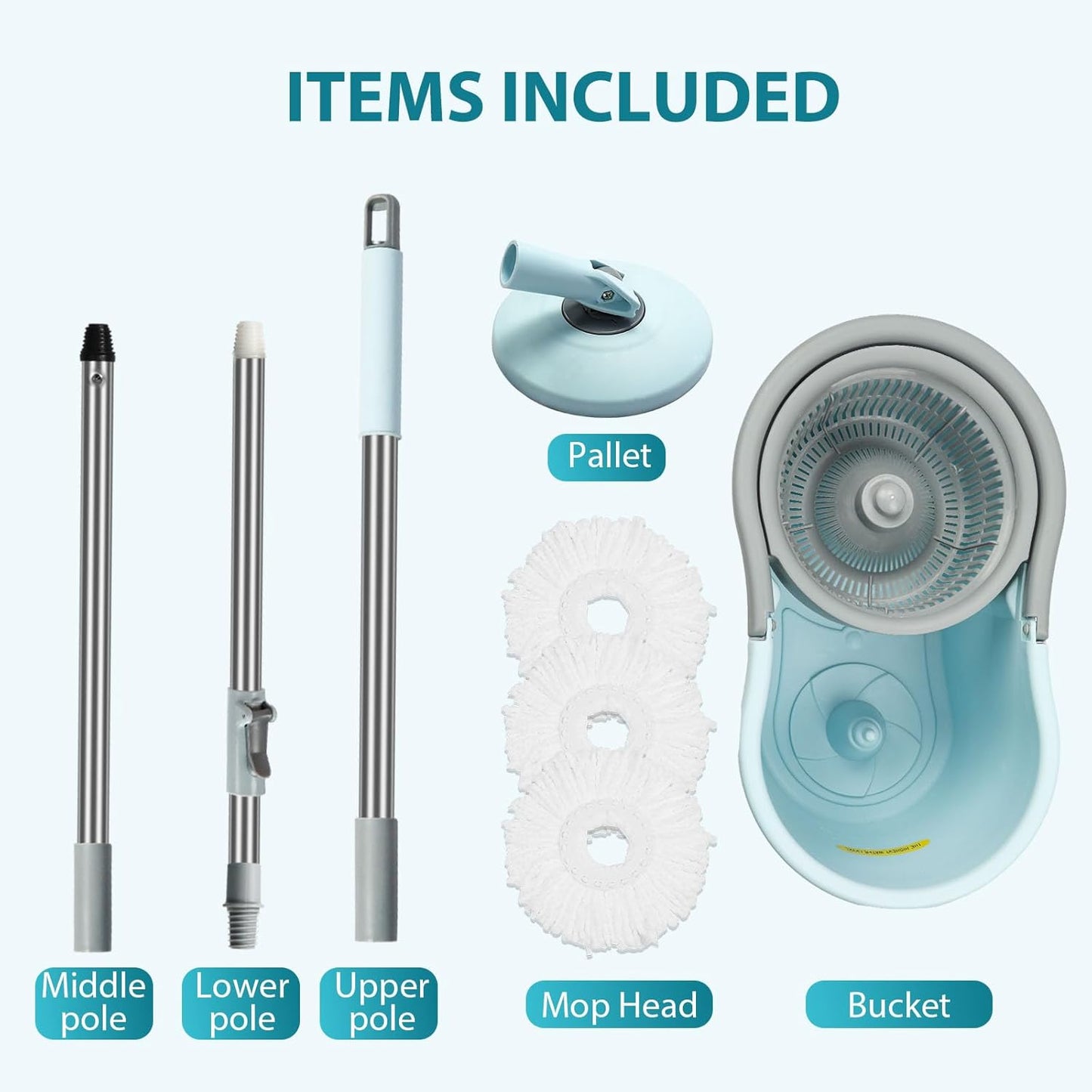 Spin Mop and Bucket with Wringer Set, Operable 360° Rotating Mop Bucket Set with 3 Microfiber Replacement Head, Stainless Steel Extended Handle for Floor Cleaning Home Office(Blue)