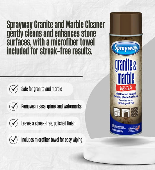Sprayway Granite and Marble Cleaner 19 oz Spray Bundle with Microfiber Cloth – Cleans and Polishes Natural Stone Surfaces – Granite Countertop Cleaner – Gift Set (2 Items)