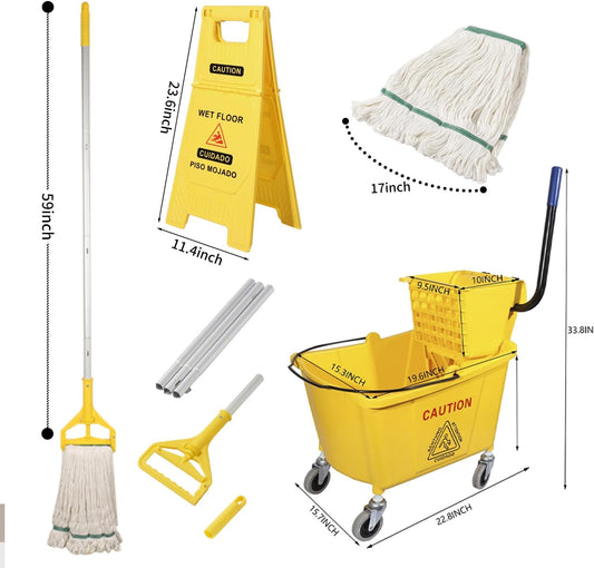 Midoneat Side Press Wringer Combo Commercial Mop Bucket on Wheels, 35 Quart,Yellow, Including Wet Floor Caution Sign(24Inch) and One Industrail Mop