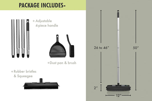 Rubber Bristle Broom and Rubber Squeegee Snap on Dustpan Set with Portable Push Broom Rug Squeegee and Extendable Telescoping Handle for Pet Hair Removal Home Office Fabric Carpet Floor Desk Black