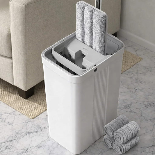 Encased Flat Mop and Bucket Set – Hands-Free Wash & Dry Dual-Chamber System with Reusable Microfiber Pads