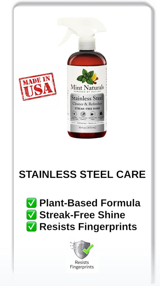 Natural Stainless Steel Cleaner & Polisher – Plant Based Formula That Helps Clean, Restore Shine & Resist Fingerprints on Fridges, Dishwashers, Grills & Sinks, 16 oz – Made in USA