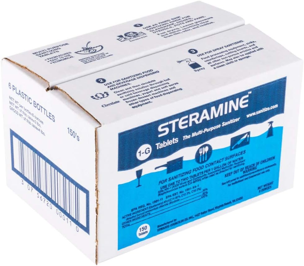 1 Bottle Steramine Sanitizer Tablets w/15x QT-10 Test Strips - Multi Purpose Steramine Sanitizing Tablets for Food Contact Surface, Kitchen, Restaurant, Food Service by FryOilSaver (150 Count)