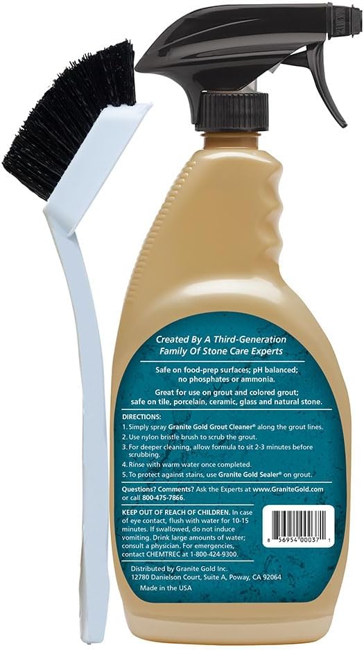 Granite Gold Grout Cleaner Spray with Brush for Stone, Ceramic, Glass & Colored Grout, 64 Fluid Ounces + 24 Fluid Ounces + 4 brushes