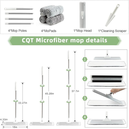 CQT Commercial Flat Microfiber Floor Mop Cleaning System 18" Inch Wet Dry and Dust Hardwood with 4 Washable Pads Cleaner for Laminate Tile Stainless Steel Handle and Extension (PT12-WET)