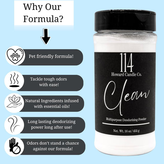 Carpet Deodorizer & Freshener Powder - Upholstery, Couch & Rug Odor Eliminator for Strong Odor & Pet Urine | Baking Soda Formula | Clean Cotton Scent | Safe for Kids & Pets | 1-1-4 Howard Candle Co.
