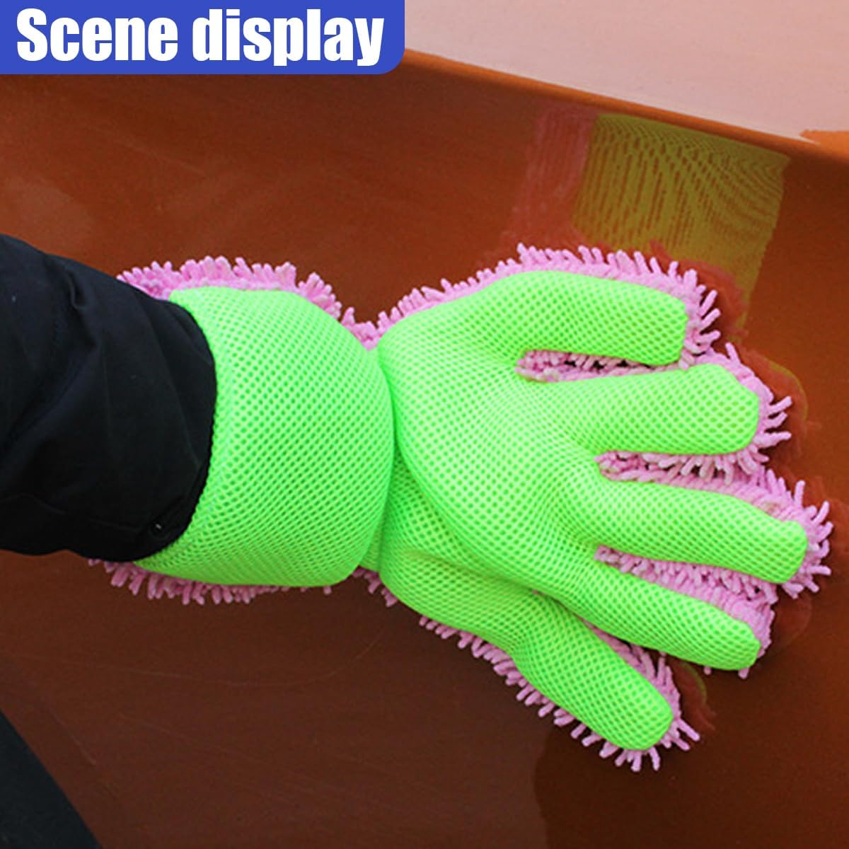 2PCS Car Wash Mitts, Double Sided Chenille Microfiber Dusting Gloves with 5-Finger Design, Anti-Scratch Auto Interior Exterior Detailing Mitt for Cleaning Wheel Tight Spot (Purple)