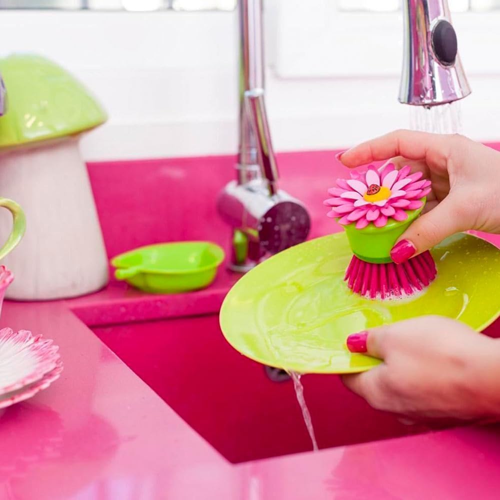 Vigar Flower Palm Dish Scrub Brush with Holder, Perfect Kitchen Brushes for Dishes, Sink Brush and Cleaning Brushes for Household Use, Pink, Green