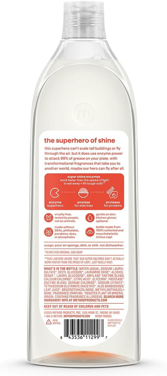 Method Super Shine Liquid Dish Soap, Powered by Enzymes, Coastal Citron Scented, 16 fl oz