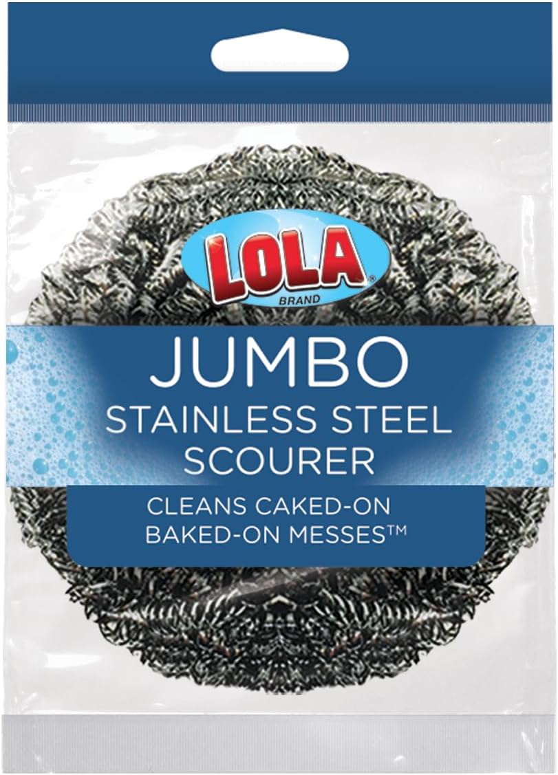 Stainless Steel Wool Scourer -Jumbo Sized- 12 Pack, 35 Grams, by LOLA, Curled Flat Wire, Cleans Caked On & Baked On Messes on Cookware