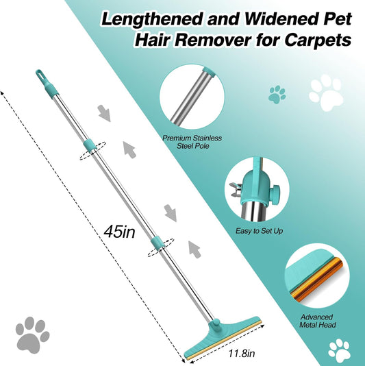 Carpet Rake for Pet Hair Removal - Reusable Pet Hair Remover, 60” Adjustable Long Handle Cat Dog Carpet Rake Scraper with Patented Design, Dog Hair Rake Brush for Rugs, Mats