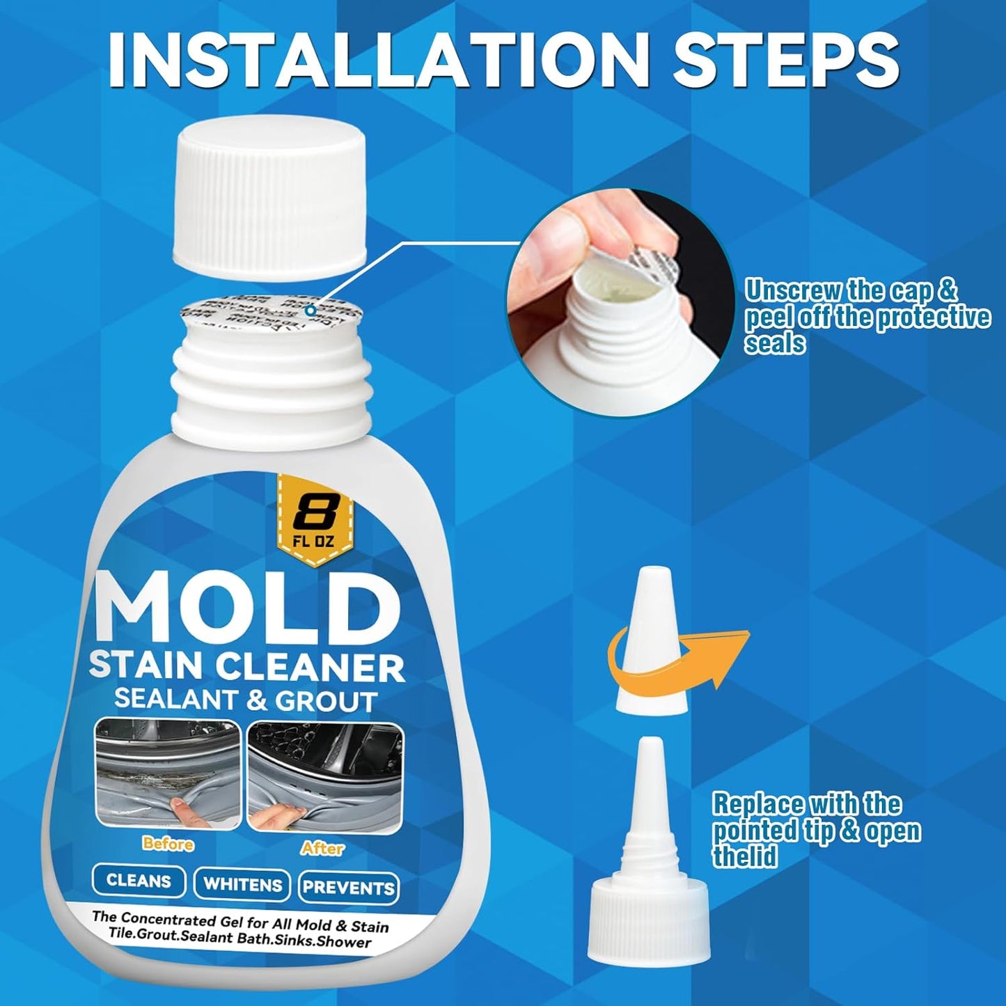 Mold Stain Cleaner, 8 Floz Washing Machine Cleaner Gel with Brush, Household All-Purpose Cleaner Highly Effective in Penetrating for Grout, Fridge, Bathroom, Shower (8, Fluid Ounces) (8 Fl Oz)