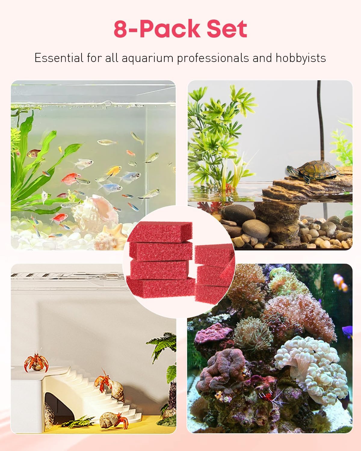 Pawfly 8 Pack Aquarium Glass Cleaner Sponge, 3.25" x 3.25" x 1", Algae Scrubber Pad for Glass Aquariums, Fish Tank Glass Cleaner, Aquarium Sponge, Aquarium Cleaning Tools, Red (Not for Acrylic Tank)
