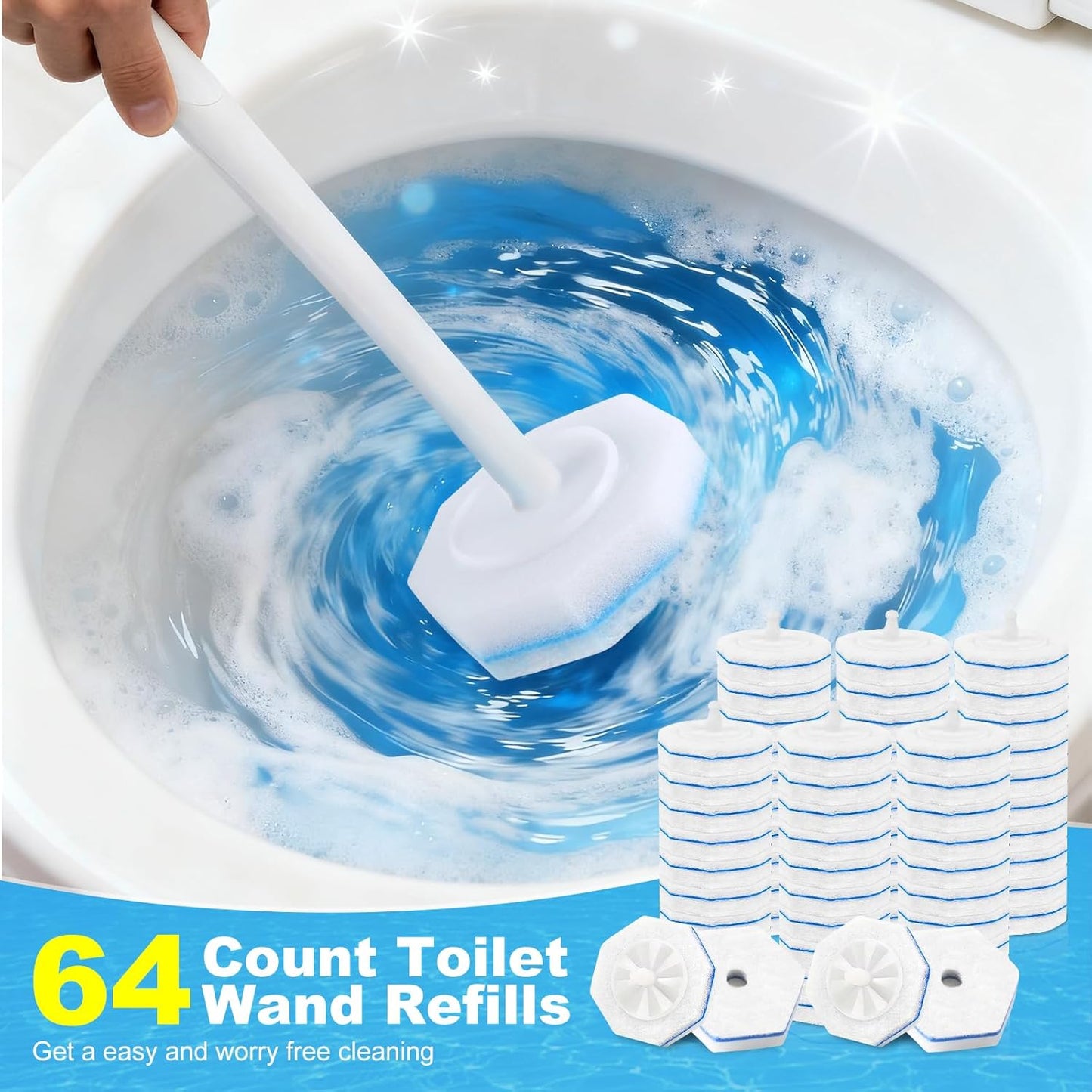 64Pcs Toilet Wand Refills for Clorox, Disposable Toilet Bowl Cleaners Scrubber, 5X Cleaning Power Upgrade Formula Disposable Toilet Bowl Wand Refills Compatible with Clorox and the Most Toilet Brushes