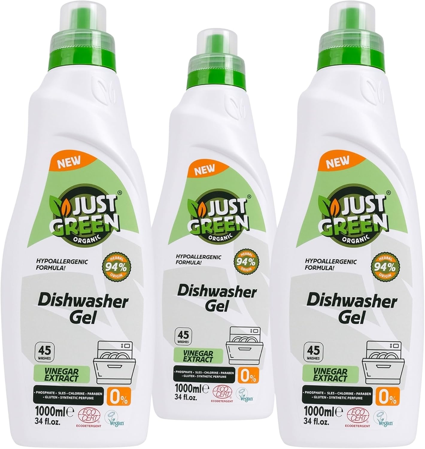 Dishwasher Detergent Gel, Plant-Based Dishwashing Liquid, Non-Toxic, Hypoallergenic, EcoCert Certified, Vegan, Streak-Free Clean, 45 Washes, 33.8 fl oz (1000 ml)