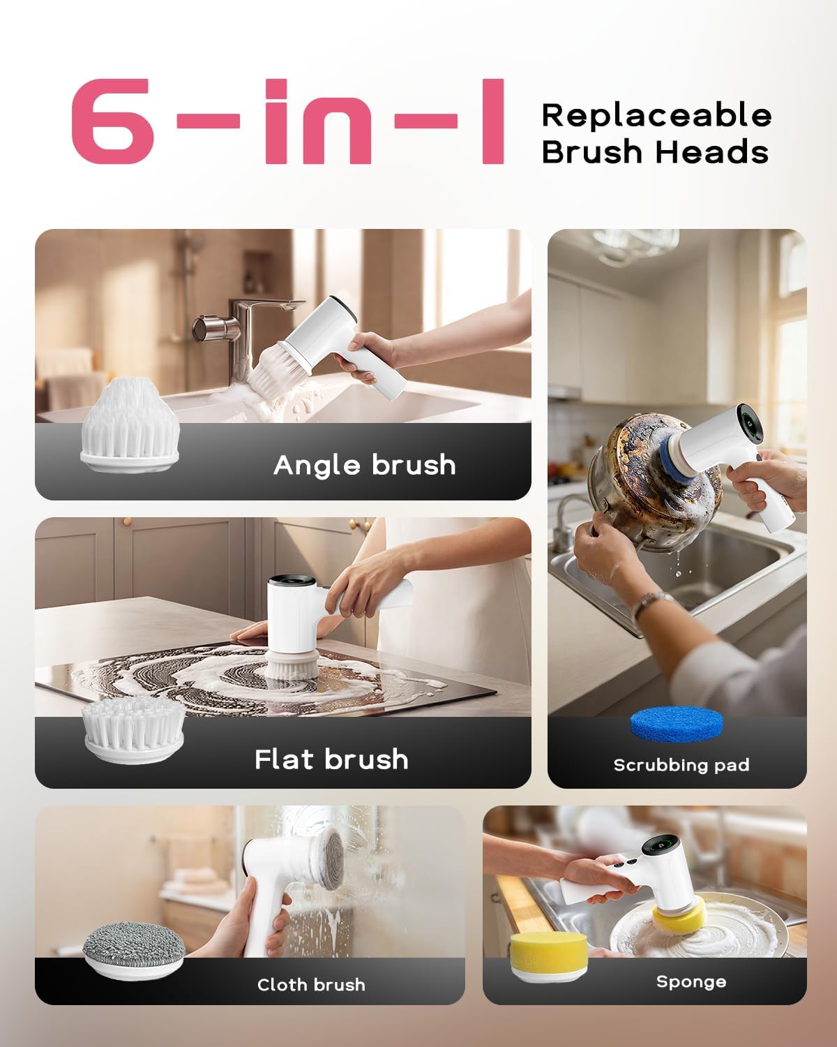 PUFTEM Upgraded Electric Spin Scrubber, Powerful Cordless Shower Scrubber with 4500mAh Large Battery & Speed Display, 6 Replaceable Brush Heads, Cleaning Brush for Bathroom Tile Tub Floor (White)