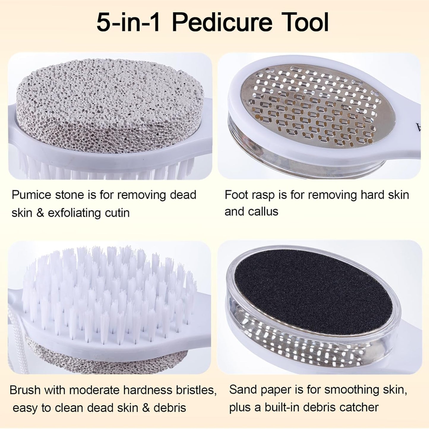 Foot File Callus Remover 5-in-1, 2 Pcs Feet Scraper Pedicure Tools with Pumice Stone, Scrubber Brush, Stainless Steel Foot Rasp and Sand Paper Debris Catcher, Multi Purpose, Cyan