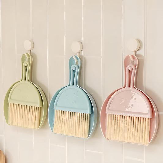 Mini Broom and Dustpan Set (3 Pieces) + Three-Color Cleaning Cloth, Suitable for Cleaning car interiors, Sofas, Kitchens, tabletops, Dining Tables and Desktop Keyboards (Pink, Blue, and Green)
