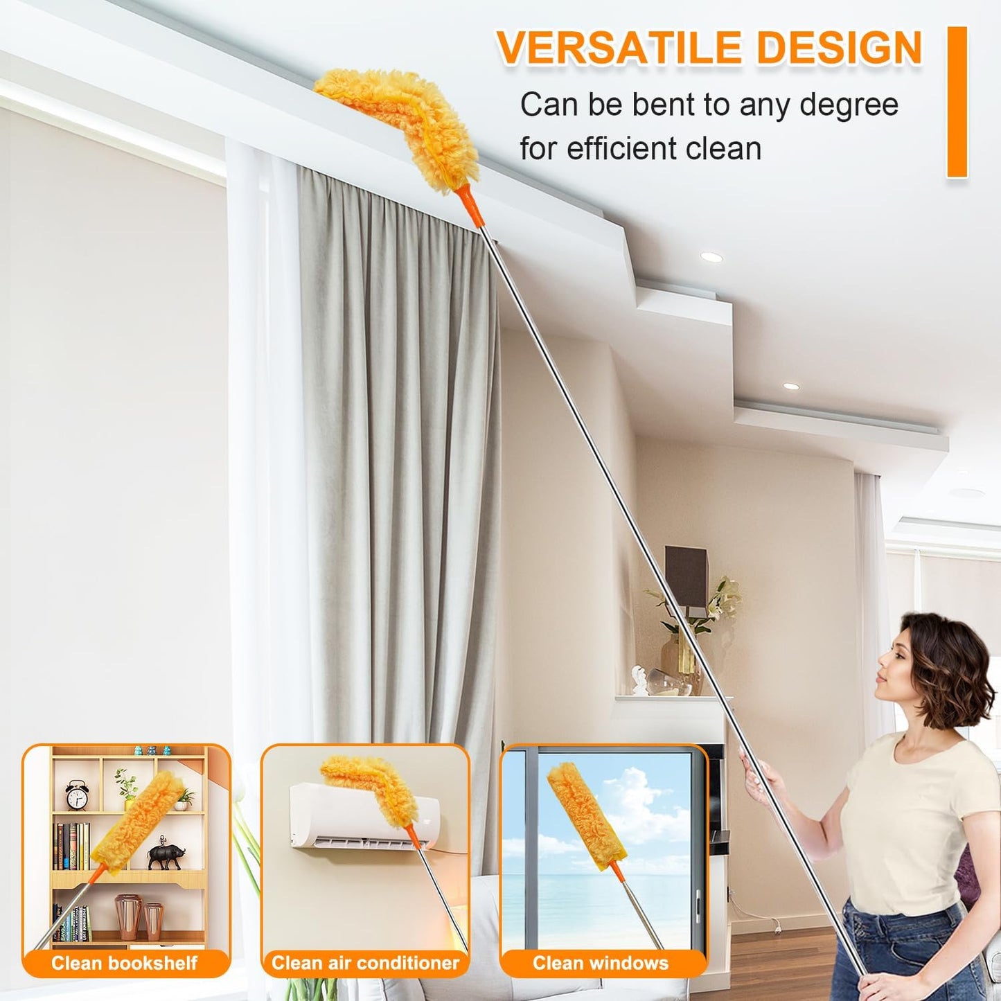 100" Reachable Microfiber Feather Duster, Duster with Extension Pole, 3 pcs Replacement Duster Head, Cleaning Tools for High Ceilings and Fans, Blinds, Cars and Furniture