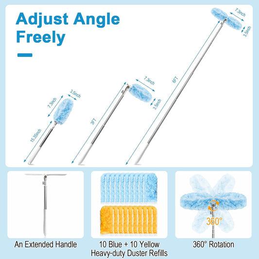 6 ft Extendable Duster Handle with 20 Refills, Duster with Extension Pole, Disposable Microfiber Dusting Pads for Home Cleaning,High Ceiling, Fan, Window, Hard-to-Reach Areas