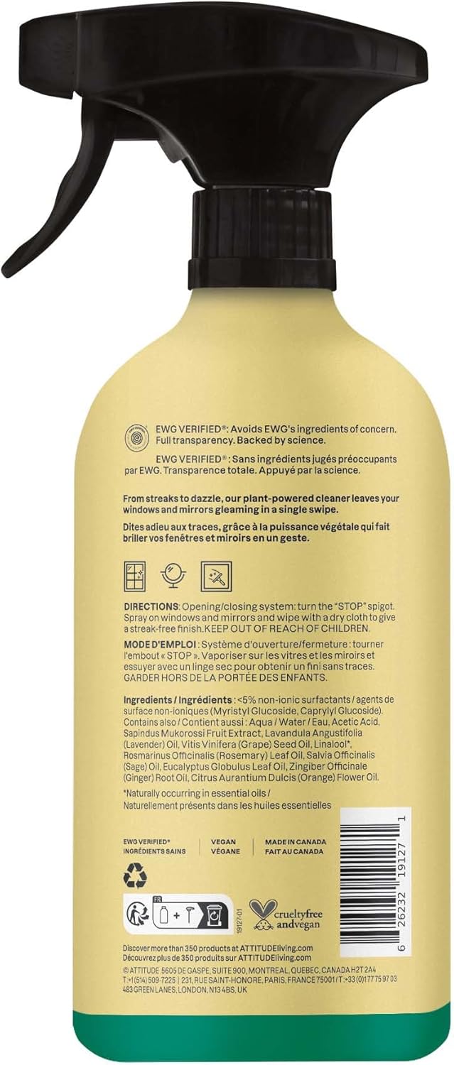 ATTITUDE Window & Mirror Cleaner Spray, Plant-Based Ingredients, EWG Verified, Streak Free, Removes Fingerprints, Dust and Dirt, Lavender & Rosemary, 26 Fl Oz