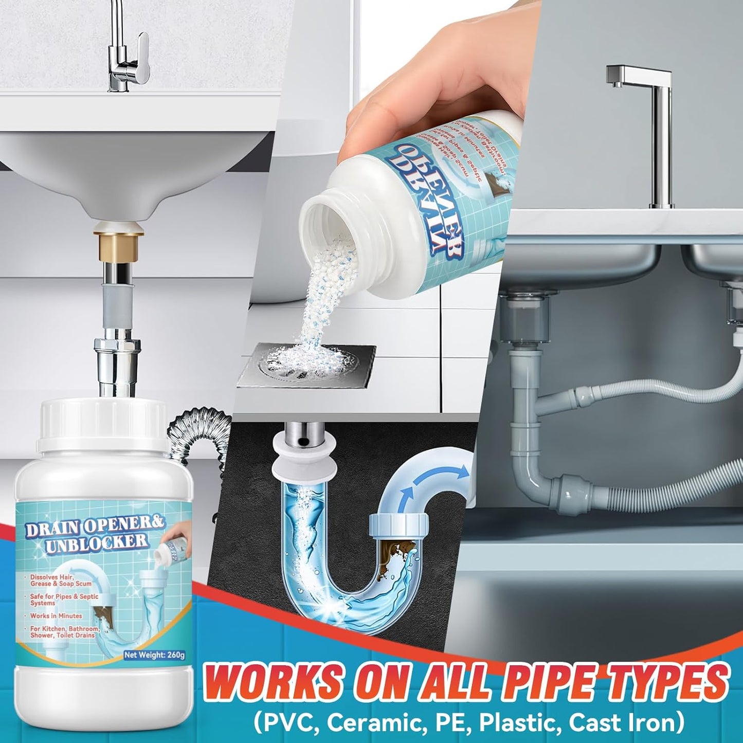 Drain Clog Remover, Crystal Lye Drain Opener, Hair Drains Clog Remover Unclog Bathroom and Kitchen Sinks, Drains, Shower Pipes, Removes Hair, Soap Scum, Blockages, 260g