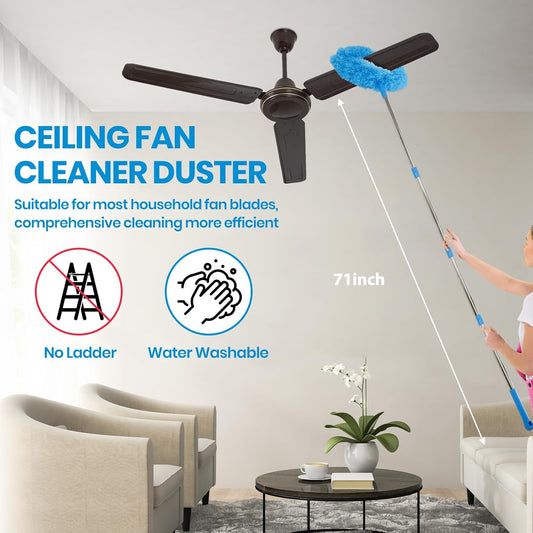 Ceiling Fan Cleaner Duster Kit 72 Inch Ceiling Fan Duster Extension Pole 8-in-1 Microfiber Duster Set for High Ceilings, Fan Blades, and Lights Reusable Cleaning Tools with Storage Bag