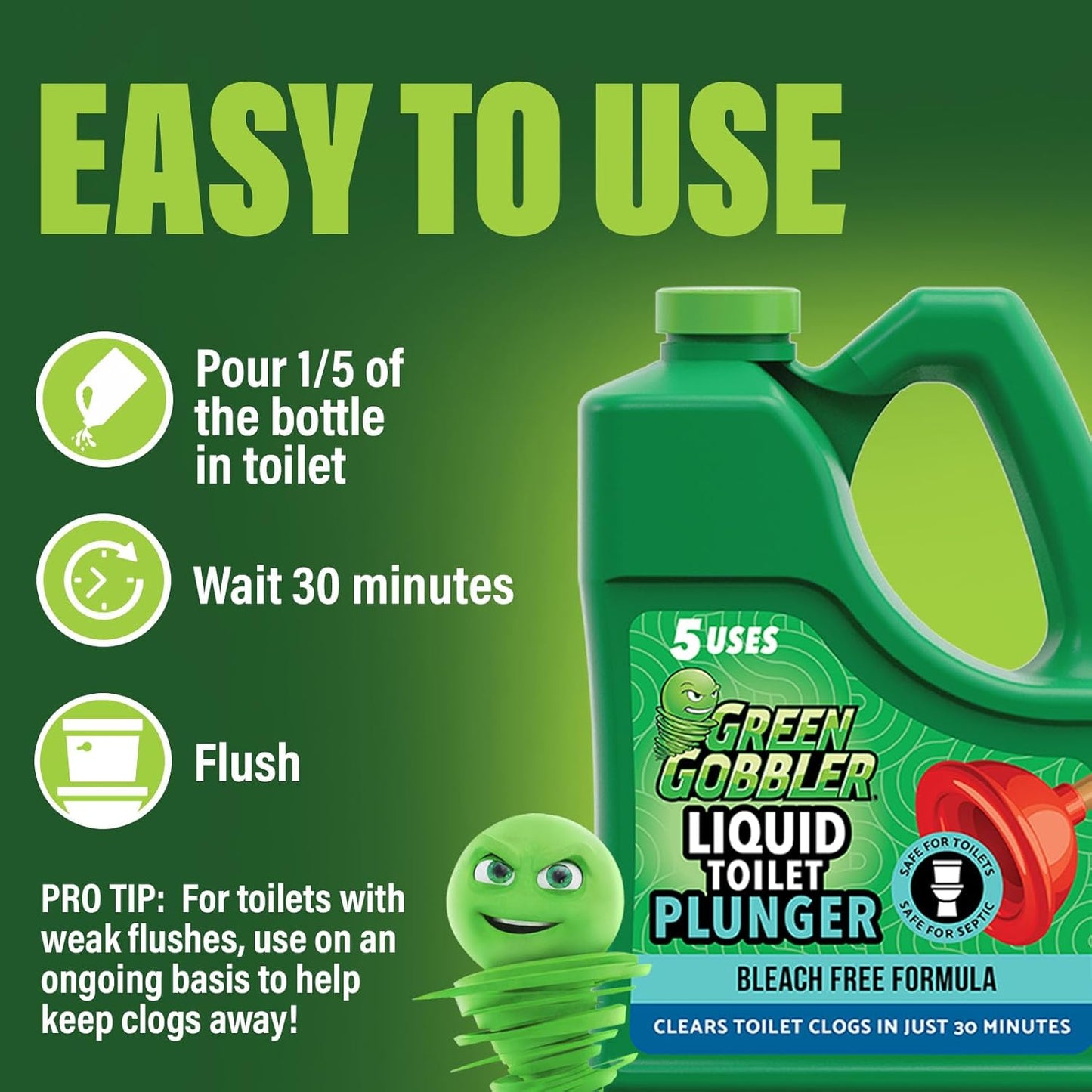 Green Gobbler Liquid Toilet Plunger | Clog Remover | Safe for Toilets and Septic