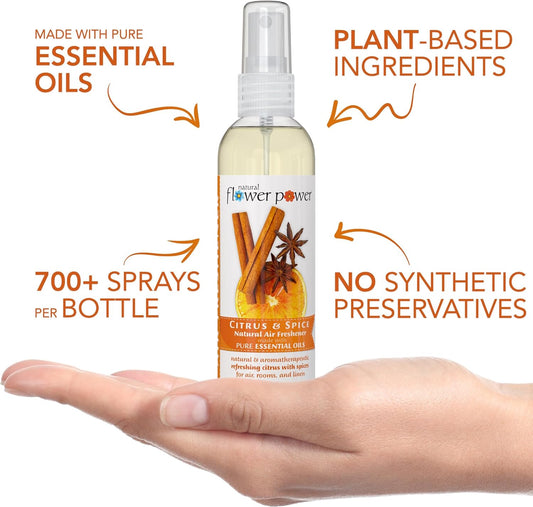 Natural Flower Power Air Freshener Spray - Odor Eliminator with Essential Oils for Home, Car & Fabric - Cruelty Free & Vegan - Variety Pack - Citrus & Spice + Lavender + Lemongrass - 3 x 4 fl oz