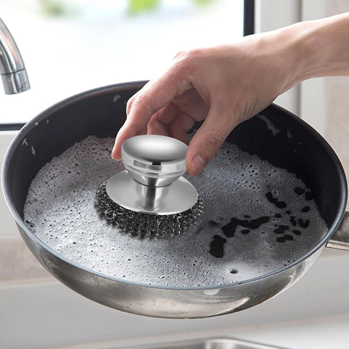 Onewly 4Pcs Steel Wool Scrubber Set, Stainless Steel Scrubber with Stainless Steel Handle, for Cleaning Dishes, Cast Iron, Stock Pots, Pans, Griddles, Grills