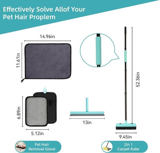 Rubber Broom Carpet Rake with Air Broom,Reusable Strong Grooming Gloves, for Carpet Pet Hair Remover Hardwood Floor, Cleans Glass, Fine Dust, Hair, Liquid