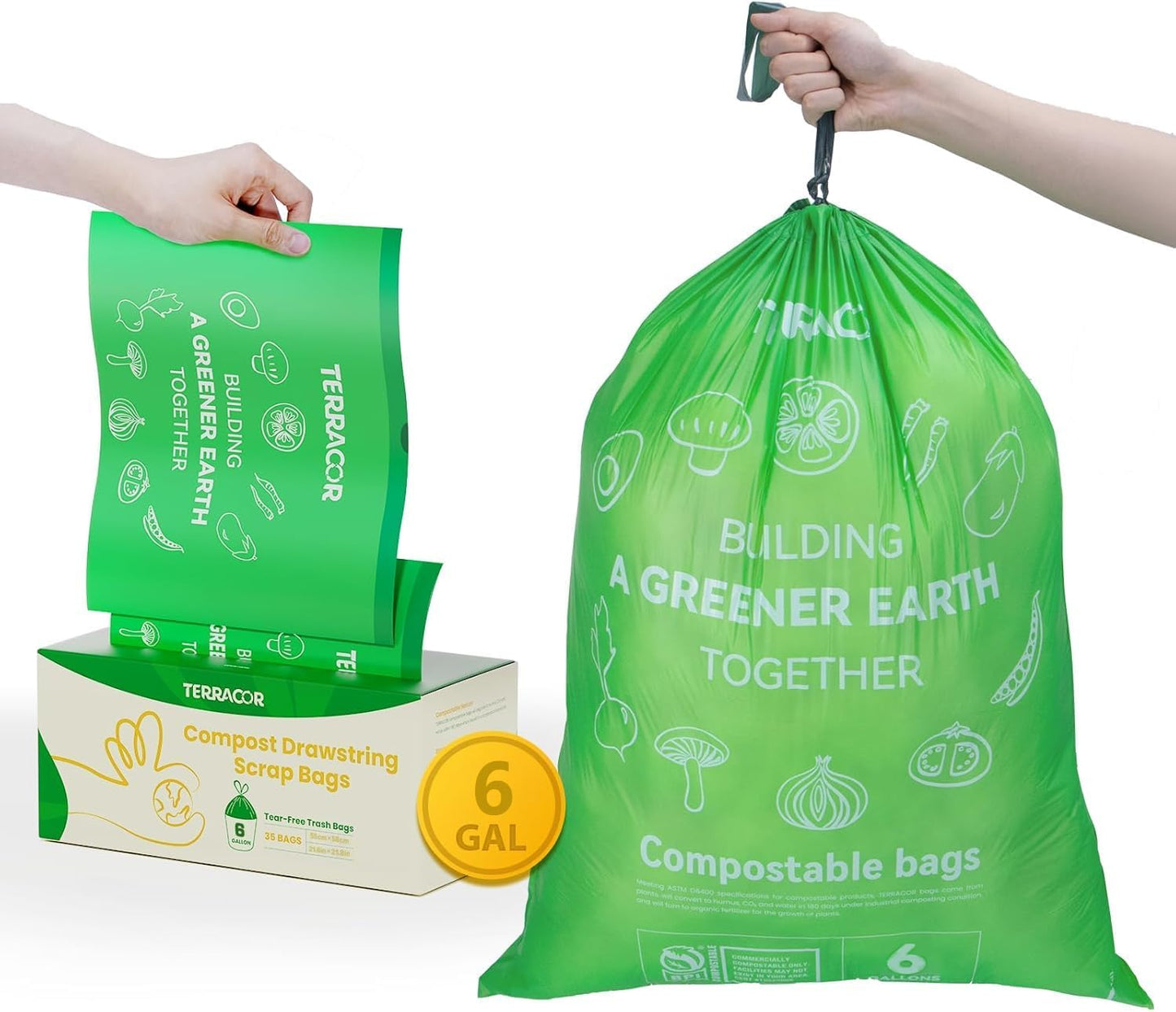 6 Gallon Compostable Trash Bags Drawstring, Heavy Duty Extra Thick 1 Mil, 35 Bags, Tall Kitchen Food Scrap Waste Bag, ASTM D6400 ASIN