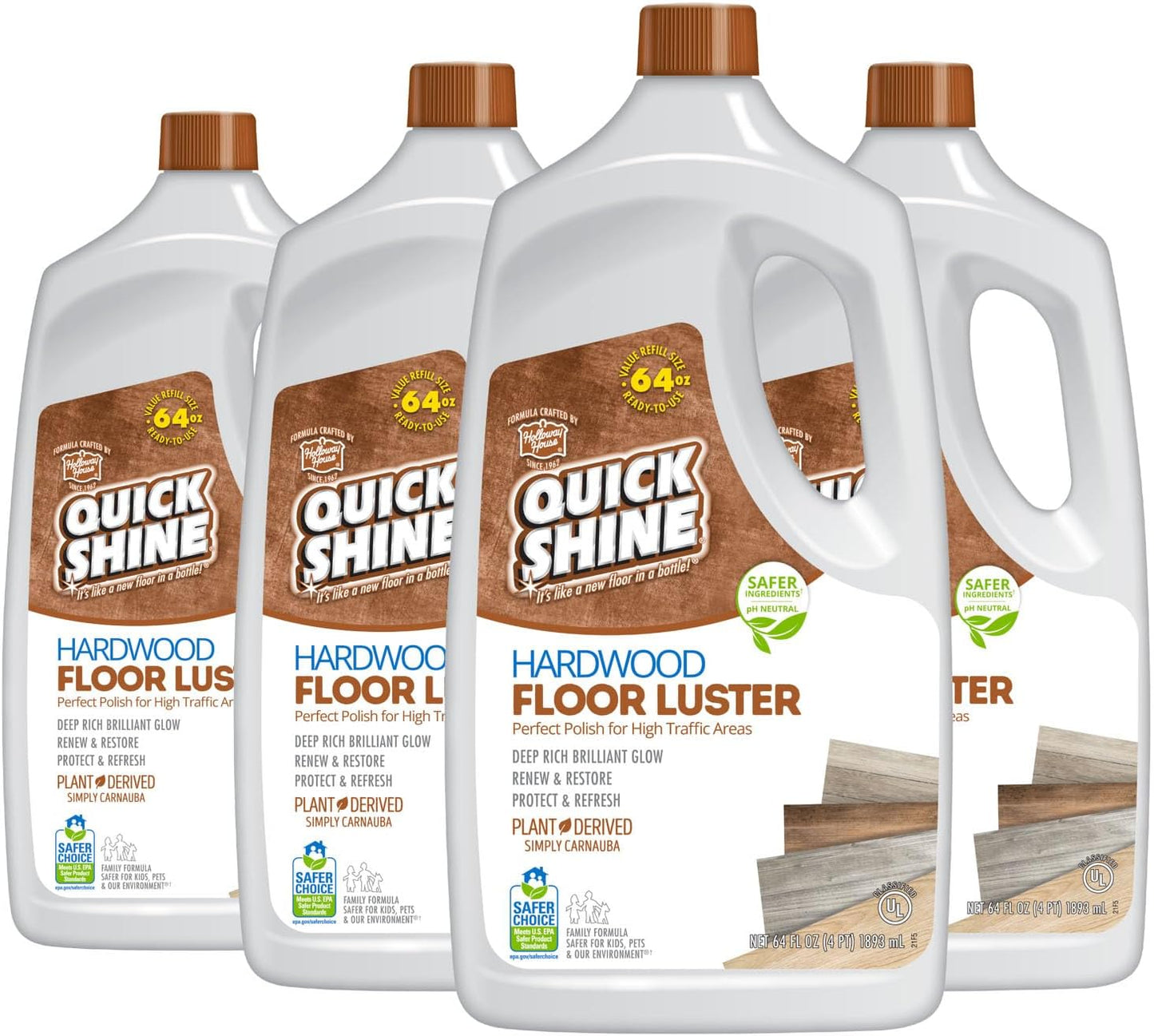 Quick Shine Hardwood Floor Luster-Polish 64oz | Plant-Derived w/Carnauba | Safer Choice, No PFAS, pH Neutral | Ready to Use Formula w/Anti-Slip Technology | Simply Squirt & Spread | Made in USA