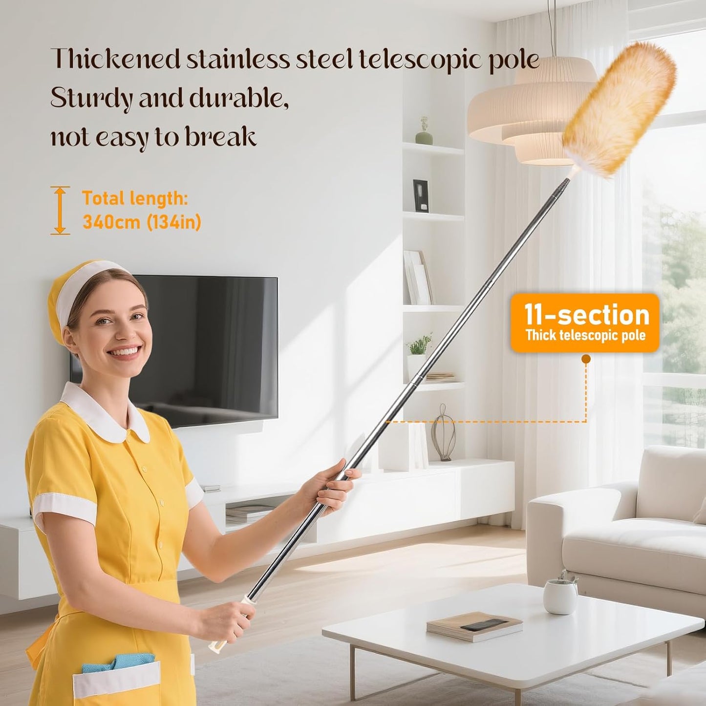Extendable Lambswool Duster Stainless Steel Handle 133" Removable Feather Duster for Cleaning Ceiling Fans Interior Roof Furniture, Brown