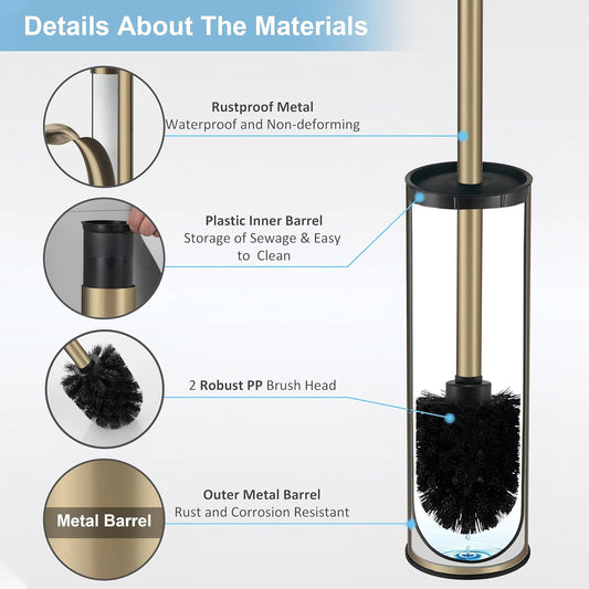 BGL Stainless Steel Toilet Brush with Holder, 2 Black Bristle Heads