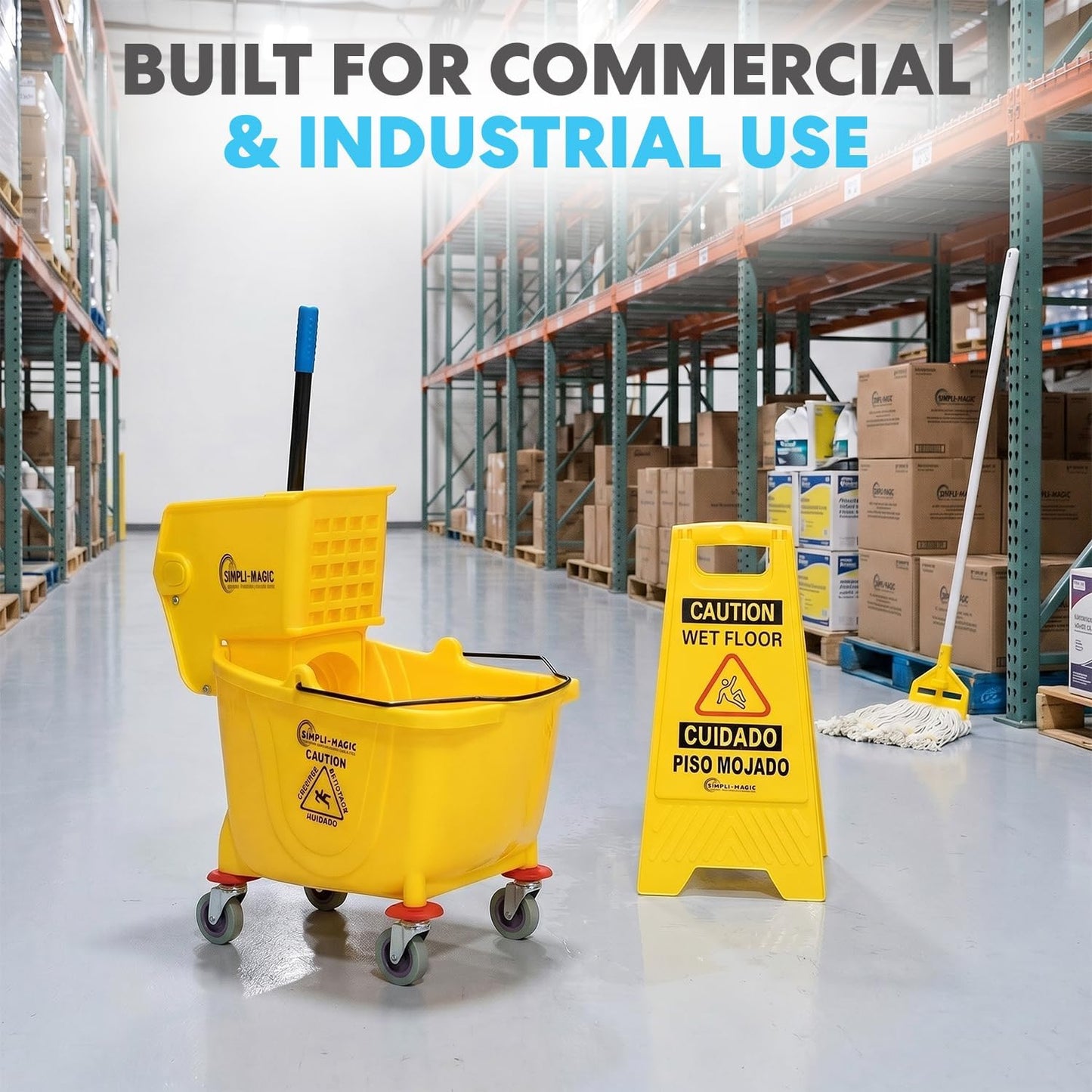 Simpli-Magic 79358 Commercial Mop Bucket with Side Press Wringer, 26 Quart, 14.75"L x 12.95"W x 19.95"H, Yellow