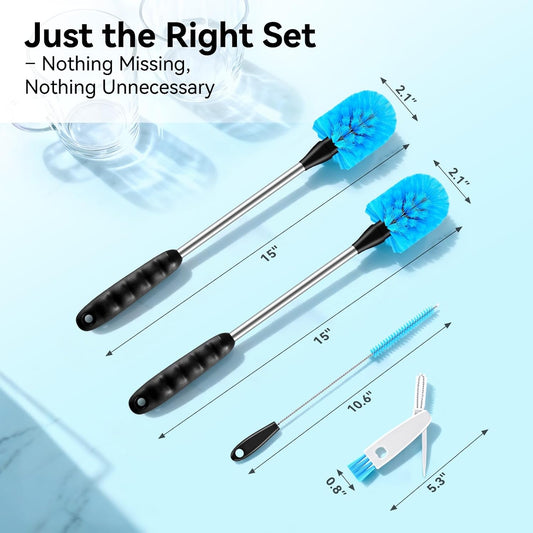SLUXKE Bottle Brush Set with Straw Cleaner Brush and 3 in 1 Cup Lid Cleaning Brush, Bottle Brush Cleaner with Long Handle for Cleaning Cup, Water Bottles, Tumblers, Baby Bottles