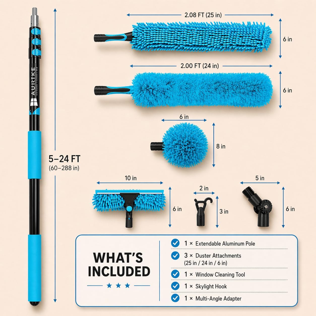 High Ceiling Duster Kit with 3-8FT Heavy Duty Extension Pole, Reaches Up to 13FT, Includes Microfiber Feather Duster, Cobweb and Ceiling Fan Duster, Window Squeegee Cleaner & Skylight Hook (8FT)