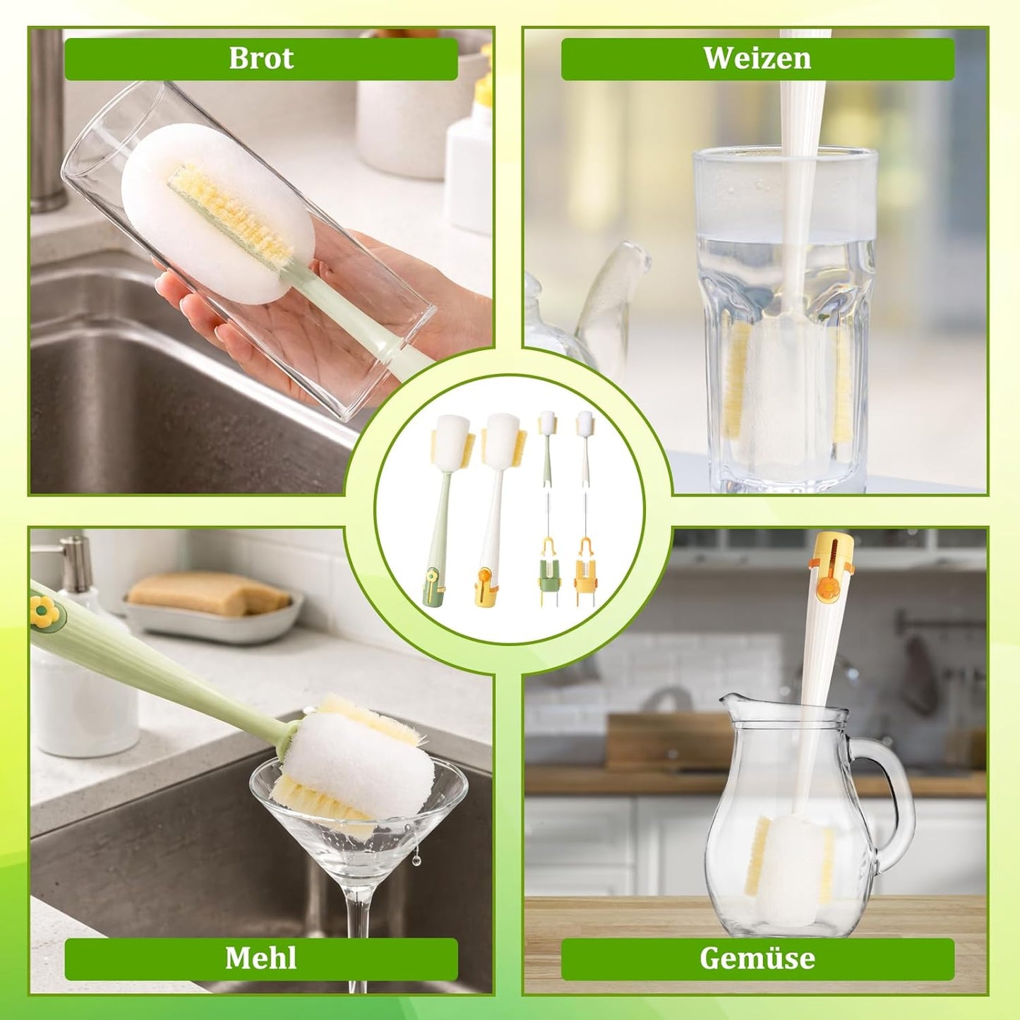 2 PCS 5 in 1 Bottle Cleaning Brush, Multifunctional Cleaning Brush, Deep Clean Narrow Bottle Necks and Straws, Efficient Bottle Scrubber Brush for Home and Travel Use (Green and Yellow)