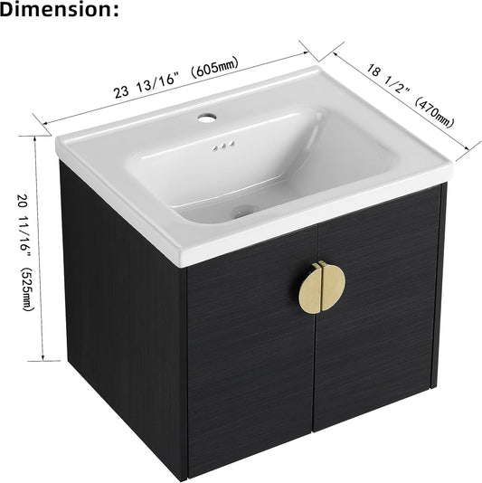 SSLine Modern 24-Inch Bathroom Vanity with Sink Wall Mounted Bathroom Vanity with Top Basin & Storage Cabinet White Wood Floating Vanity w/Ceramic Sink & Gold/Black Handles for Small Space