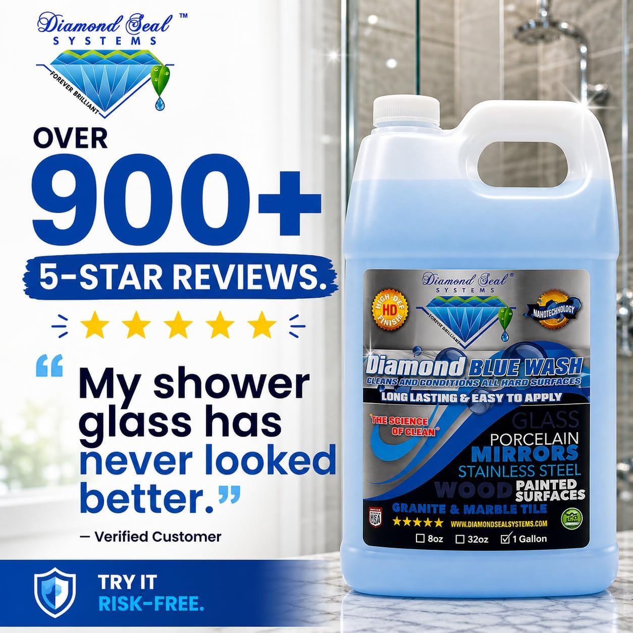 Made in the USA. Diamond Blue Repellent Wash Multi Surface. Cleans,Shine Best Cleaner for Glass, Granite, Countertops Wood & Stainless Steel. Direct from the Manufacturer 32oz Easy to use spray bottle