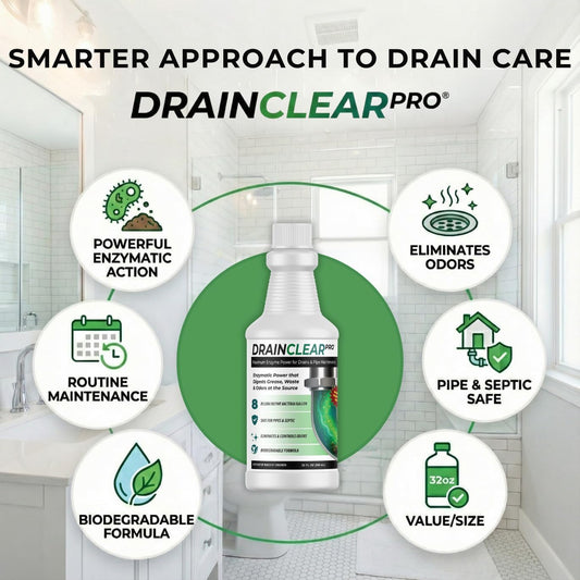 DrainClear Pro Enzyme Drain Cleaner 32oz - Enzymatic Formula Digests Grease, Waste & Odors - Safe for Pipes and Septic Systems - Biodegradable Drain Treatment for Home & Commercial Use