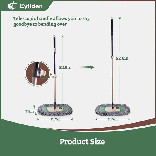 Eyliden Pro Dust Mop for Floor Cleaning | Dry Mop with 3 Reusable Microfiber Pads, Pet Hair Removal, Spill Absorption | One-Click Replacement, Telescopic Handle for Home and Commercial Use, Grey+Green