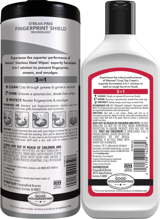 Weiman Heavy Duty Cooktop Polish & Stainless Steel Wipes - Powerful Appliance Kitchen Cleaning Kit - Packaging May Vary